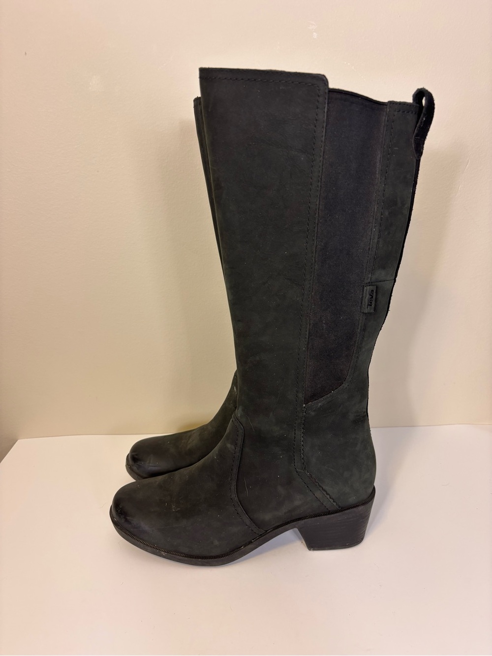 Teva Black Tall Leather & Suede Tall Heeled Boots Women’s 9.5